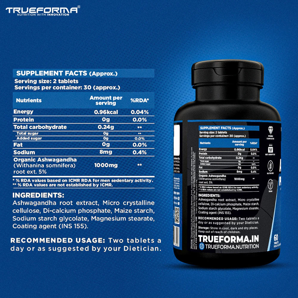 TrueForma Ashwa Pure 1000 | KSM-66 Ashwagandha 60 Tablets