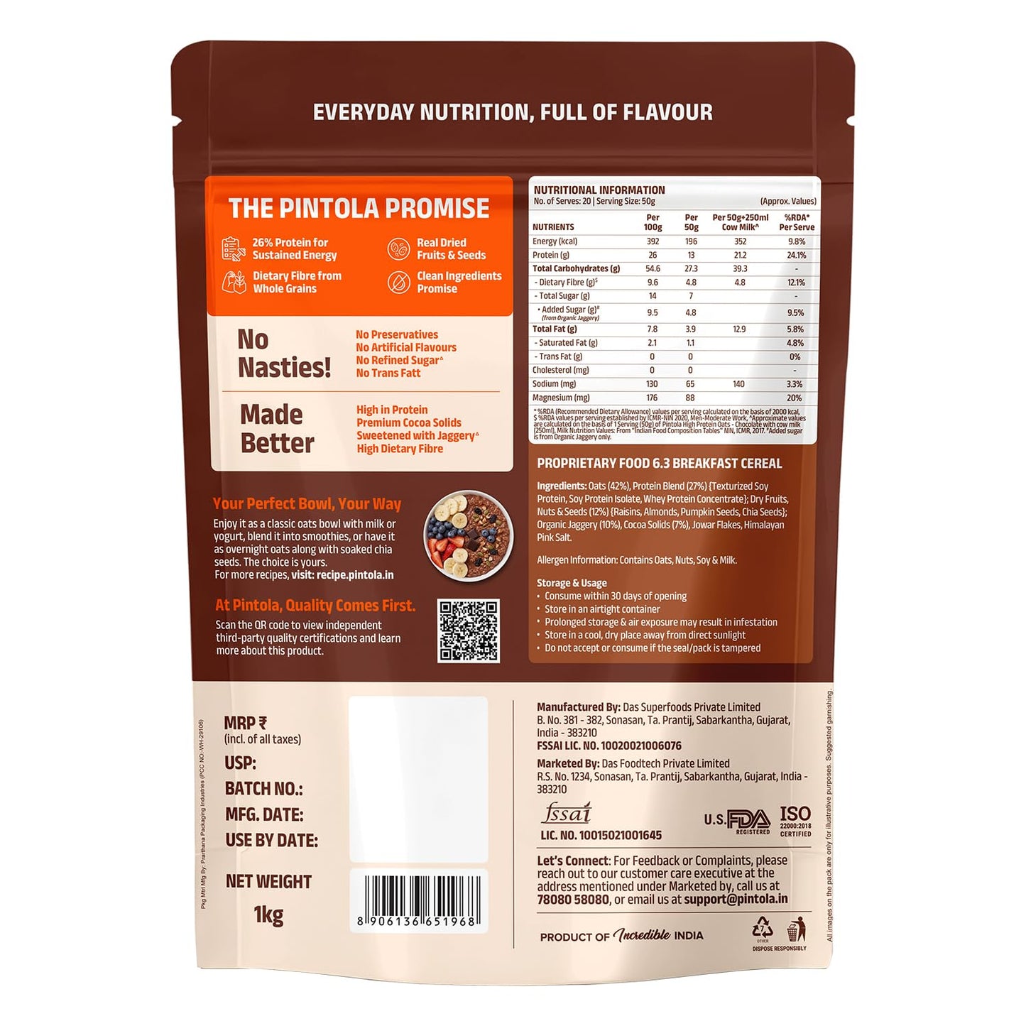 Pintola High Protein 26G Protein Chocolate Oats - 1kg