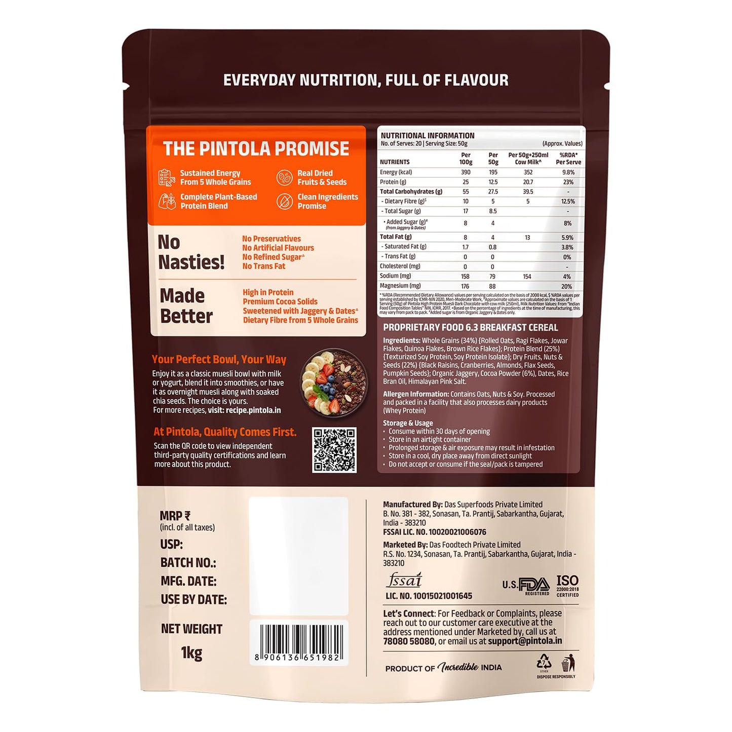 Pintola High Protein Muesli Dark Chocolate & Cranberry - 1 Kg
