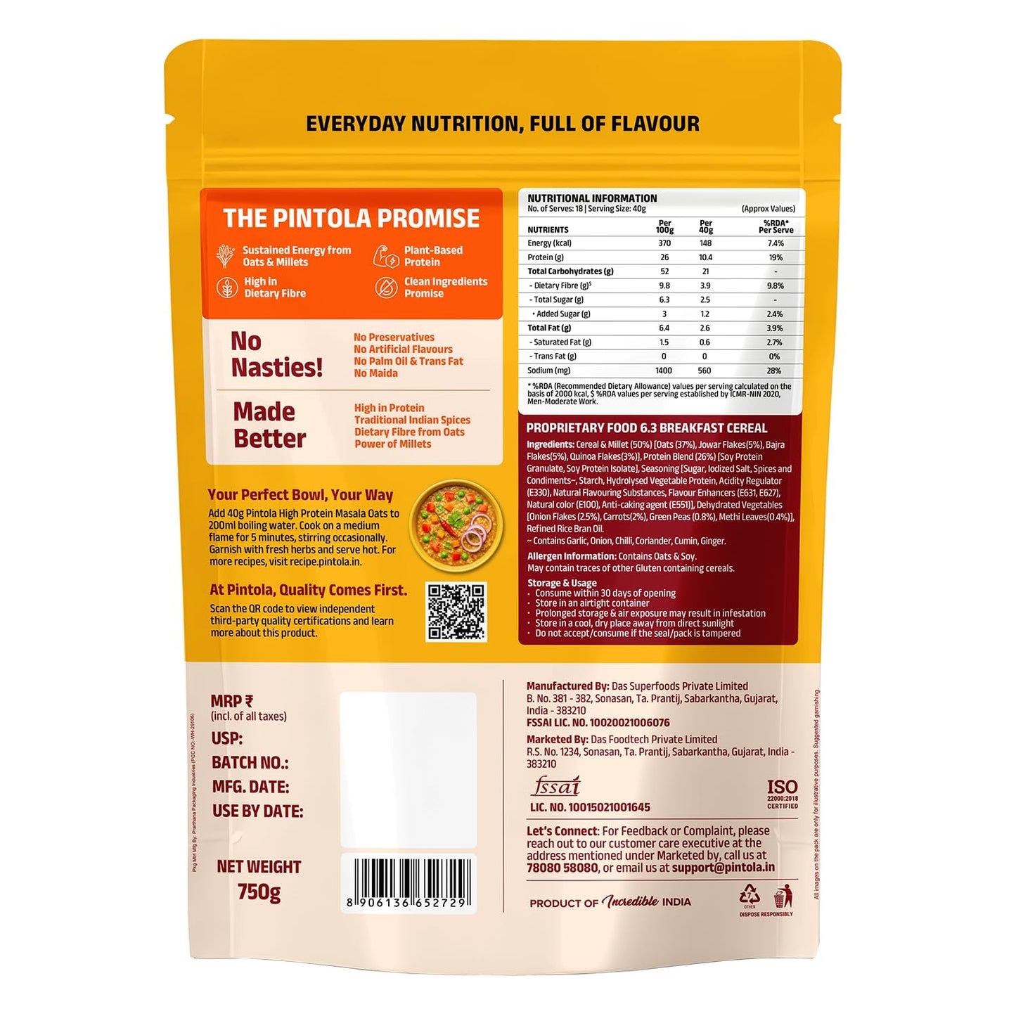 Pintola 26g High Protein Masala Oats 750g