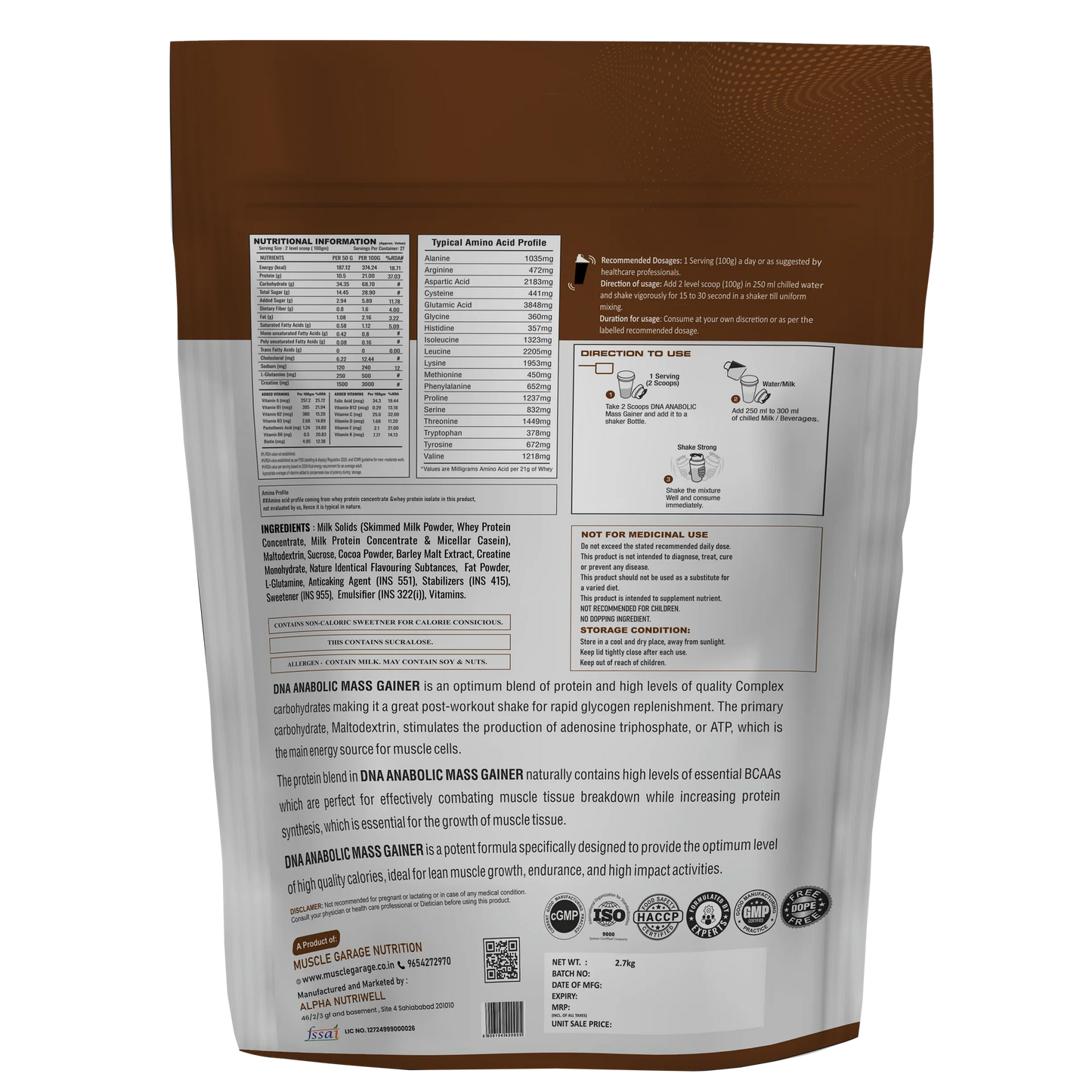 DNA Anabolic Mass Gainer 2.7kg (6 lbs) | High-Calorie Gainer