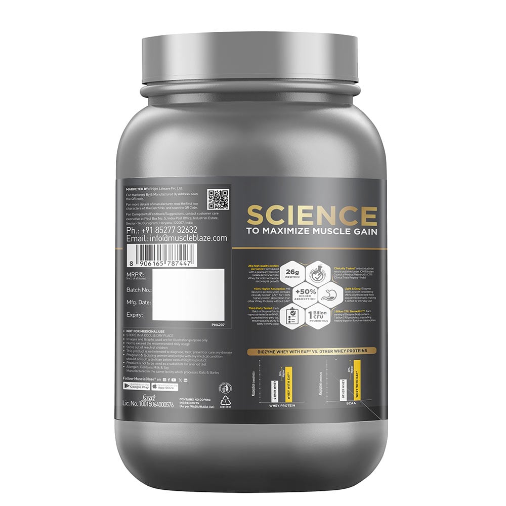 MuscleBlaze Biozyme Gold 100% Whey 1kg | Double Rich Chocolate
