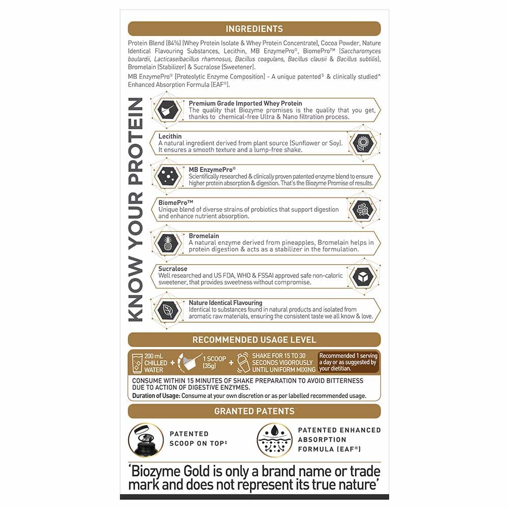 MuscleBlaze Biozyme Gold 100% Whey 1kg | Double Rich Chocolate