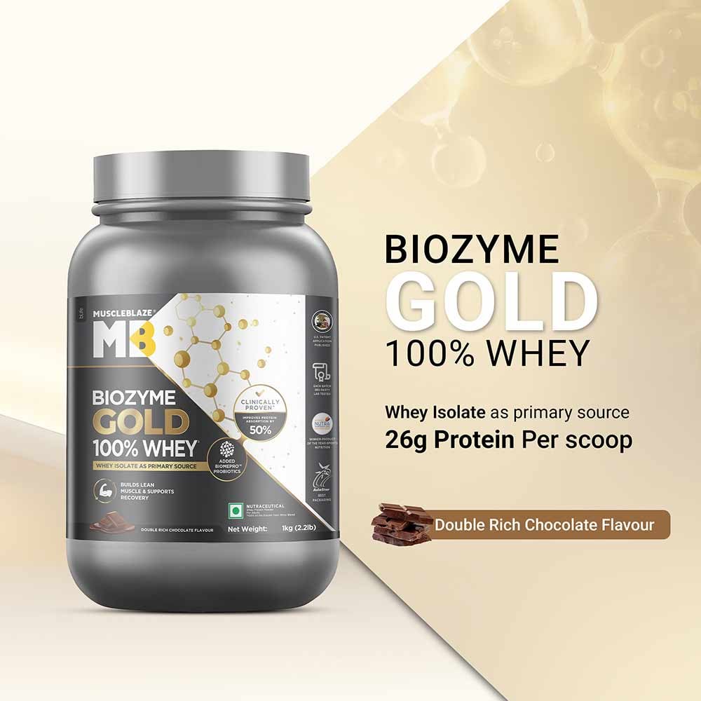 MuscleBlaze Biozyme Gold 100% Whey 1kg | Double Rich Chocolate